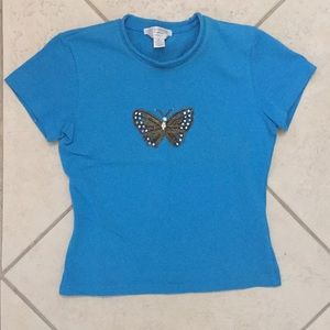 Blue Petite Sophisticate butterfly sequin shirt